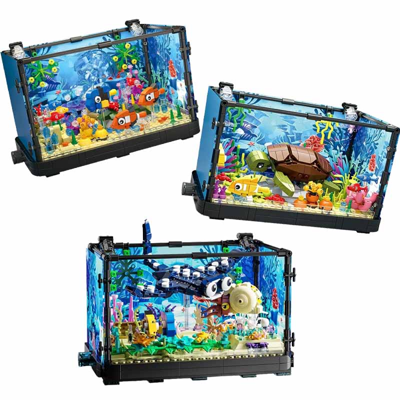 Aquarium Fish Game - ライト付き水槽ビルディングブロックセット、水槽、海洋カメ、14歳以上の子供向けビルディングブロックおもちゃ、ギフト、家の装飾