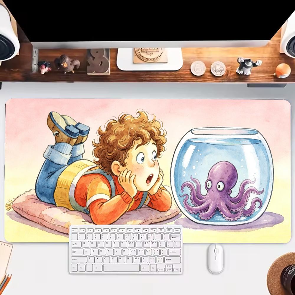 Aquarium Fish Game - 水彩画風子供用水族館魚タンク柄のかわいいアートテーブルマット、天然ゴム製、滑り止め、ノートパソコン、オフィス、ゲーム、学習用