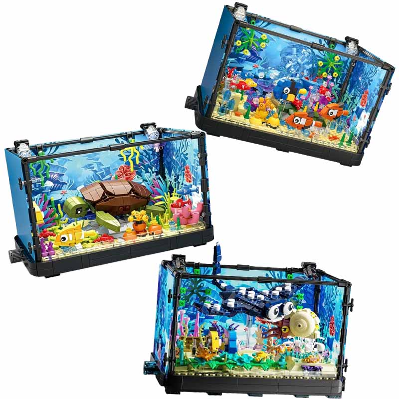 Aquarium Fish Game - ライト付き水槽ビルディングブロックセット、水槽、海洋カメ、14歳以上の子供向けビルディングブロックおもちゃ、ギフト、家の装飾